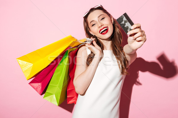 Stockfoto: Gelukkig · jonge · brunette · vrouw · creditcard