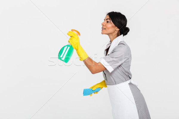 Side view photo of young maid in gray uniform spraying the clean Stock photo © deandrobot