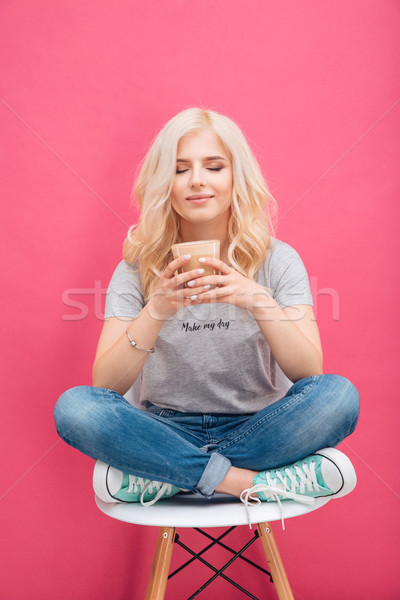 Heureux femme potable cappuccino rose fille [[stock_photo]] © deandrobot