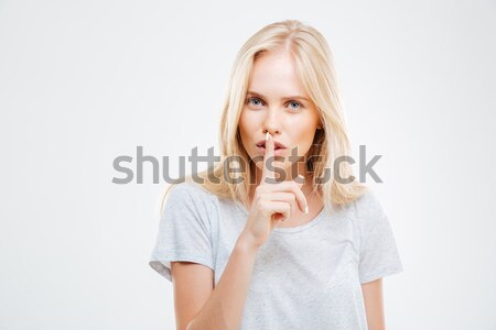 Foto stock: Bastante · mulher · loira · dedo · lábios · branco