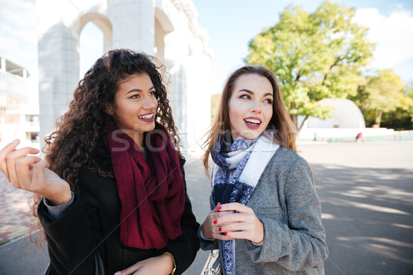 Two beautiful young women wearing scarfs communication and look aside Stock photo © deandrobot
