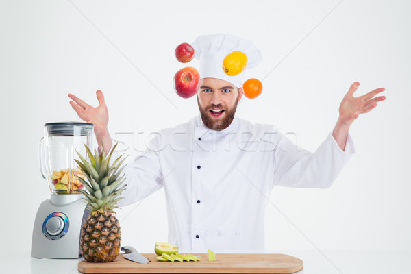 [[stock_photo]]: Portrait · Homme · chef · Cook · fruits · isolé