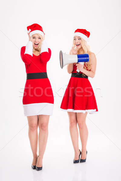 Two playful blonde sisters twins joking using megaphone  Stock photo © deandrobot