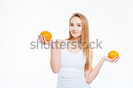 Feliz bela mulher dois laranjas belo Foto stock © deandrobot