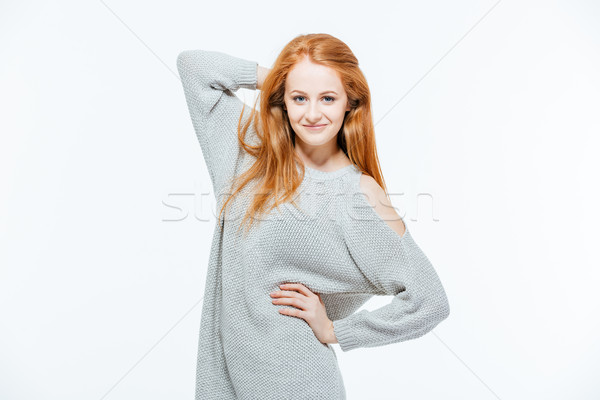 Glücklich Rotschopf Frau stehen isoliert weiß Stock foto © deandrobot