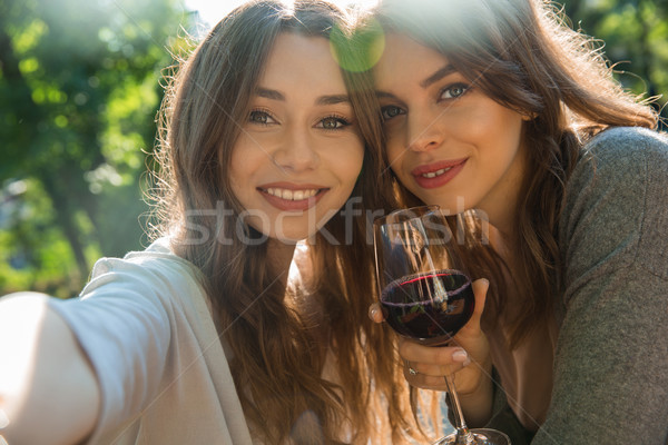 Heiter junge Frauen Freien Park trinken Wein Stock foto © deandrobot