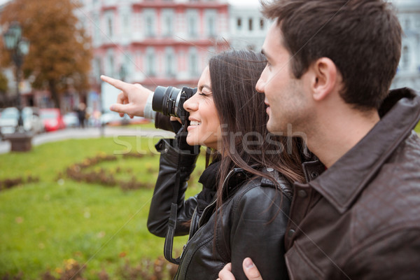 Paar foto camera buitenshuis portret Stockfoto © deandrobot