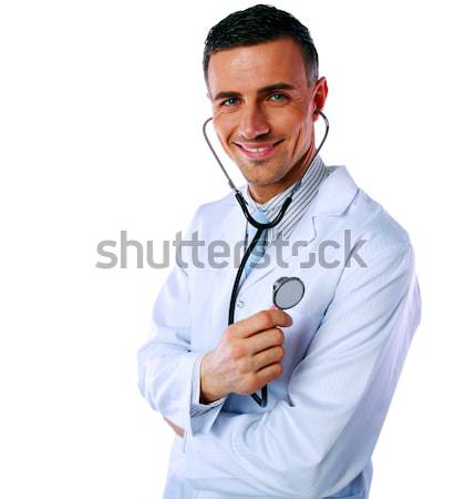 Happy male doctor holding stethoscope over white background Stock photo © deandrobot