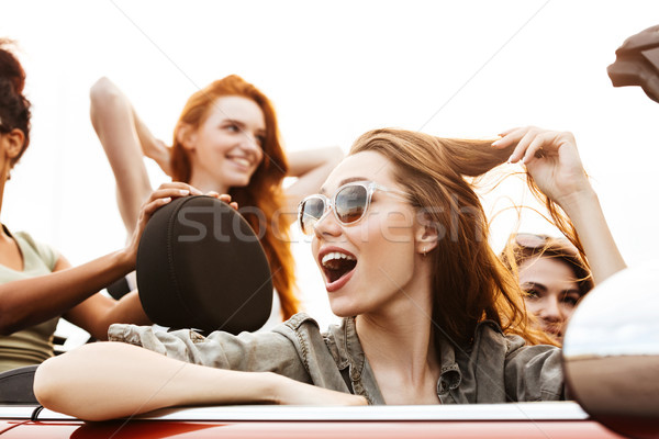 Grup fericit femeile tinere maşină excursie Imagine de stoc © deandrobot