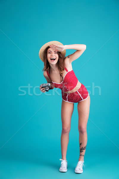 Genç heyecanlı kız mayo Retro Stok fotoğraf © deandrobot