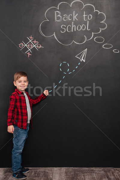 Young schoolboy over background of chalkboard pointing on school Stock photo © deandrobot