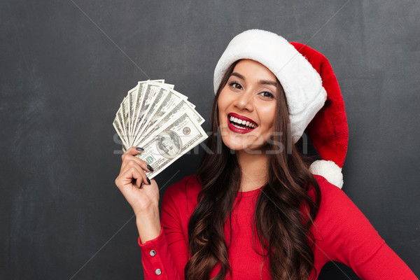 Foto stock: Alegre · morena · mulher · vermelho · blusa · natal