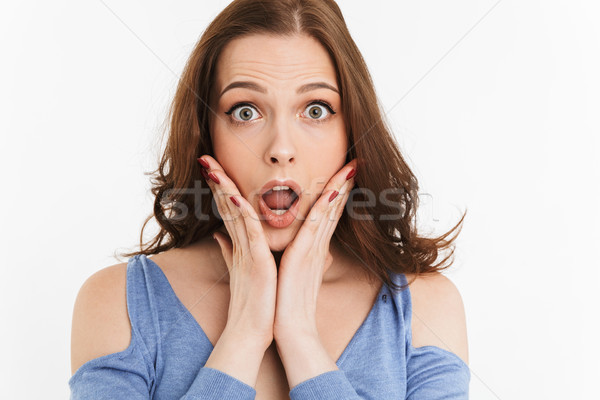 Close up portrait of a surprised young woman screaming Stock photo © deandrobot