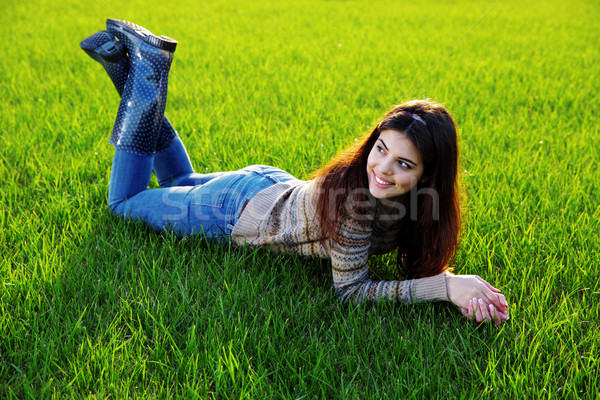 Portrait heureux femme pelouse fille herbe [[stock_photo]] © deandrobot