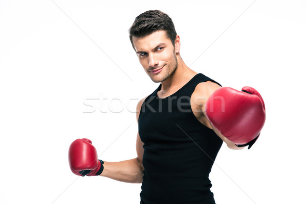 Happy fitness man standing with red boxing gloves Stock photo © deandrobot