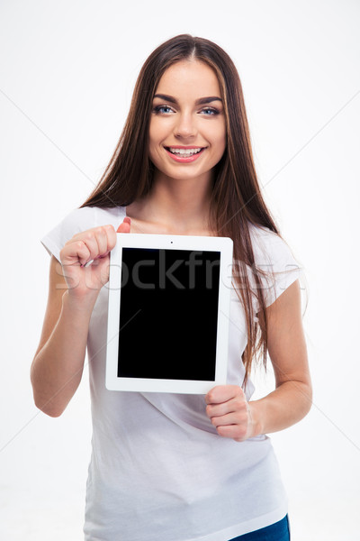 Vrouw tonen scherm gelukkig jonge vrouw Stockfoto © deandrobot