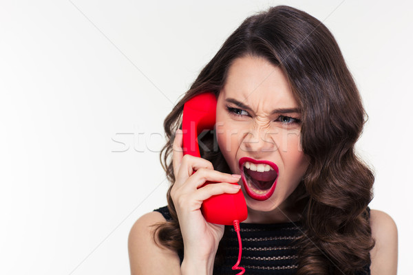 [[stock_photo]]: Colère · femme · style · rétro · hurlant · parler · téléphone