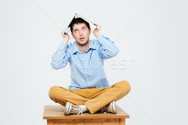 累 男子 筆記本電腦 頭 坐在 表 商業照片 © deandrobot