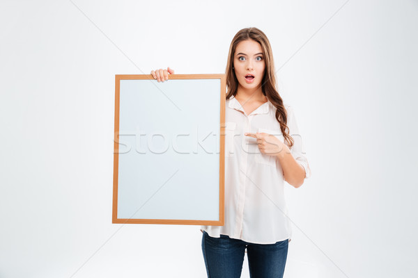Portrait of a smiling woman pointing finger on blank board Stock photo © deandrobot