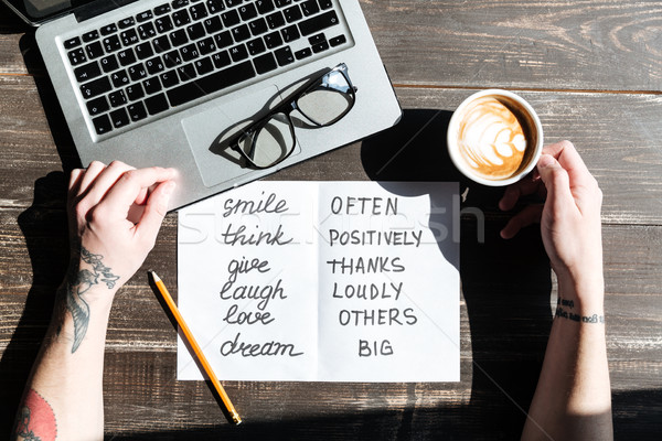 Top view image of man sitting by the table Stock photo © deandrobot