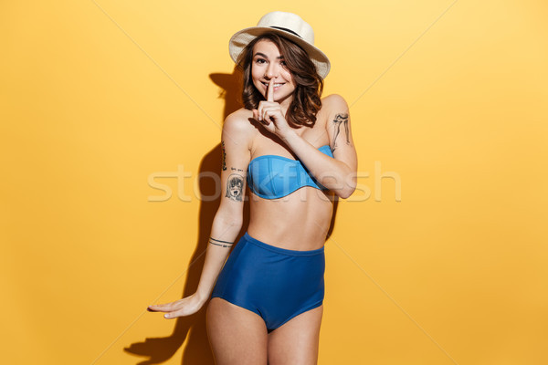 Foto stock: Feliz · mulher · jovem · silêncio · gesto