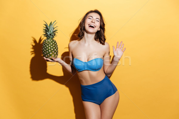 Stok fotoğraf: Gülen · genç · kadın · mayo · ananas · fotoğraf