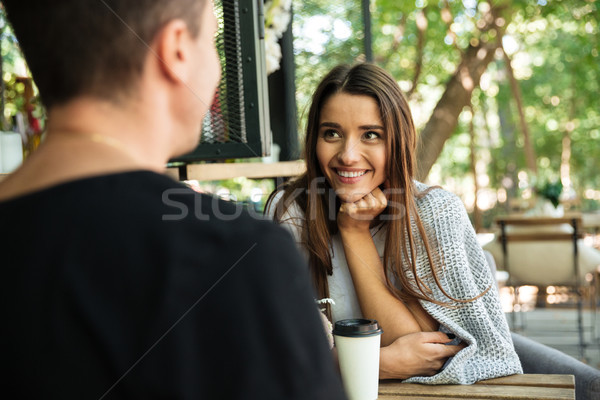 портрет счастливым улыбаясь девушки питьевой кофе Сток-фото © deandrobot