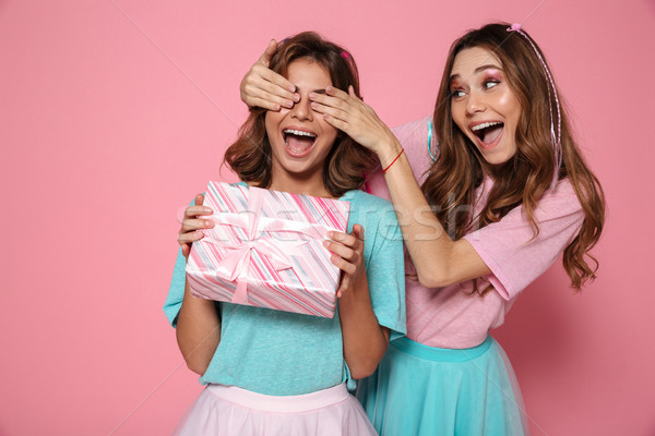 Happy pretty young woman covering eyes of her sister giving gift Stock photo © deandrobot