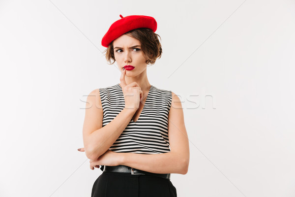 Porträt nachdenklich Frau tragen rot Baskenmütze Stock foto © deandrobot