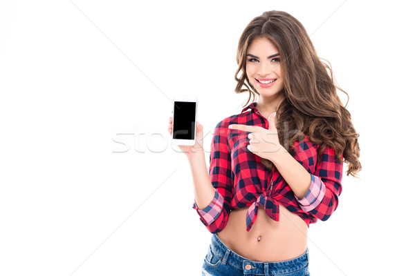 Mutlu güzel genç kadın ekran cep telefonu Stok fotoğraf © deandrobot