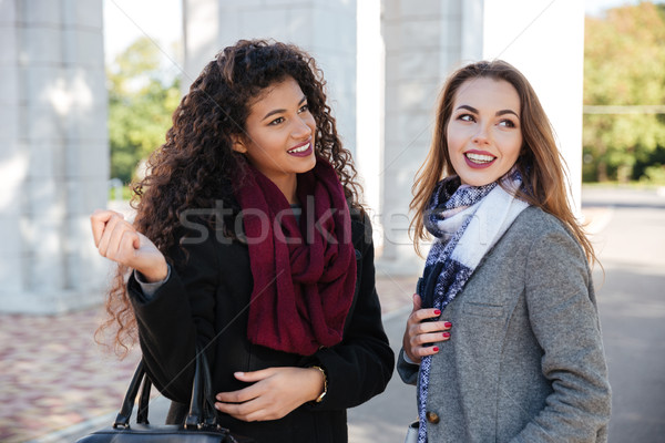 Kettő káprázatos fiatal nők visel kommunikáció néz Stock fotó © deandrobot
