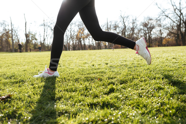 Cropped photo of lady running in autumn park early morning Stock photo © deandrobot