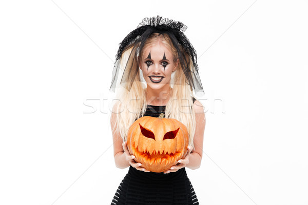 Lächelnd mad Frau schwarz Witwe Kostüm Stock foto © deandrobot