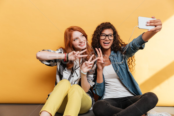 Stock foto: Zwei · heiter · junge · Frauen · Musik · hören · Aufnahme · ziemlich