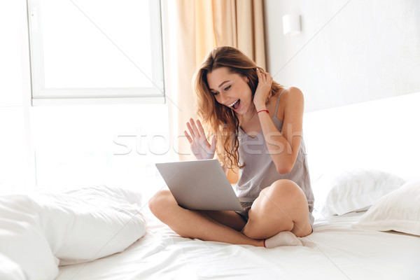 Fericit femeie laptop salut Imagine de stoc © deandrobot