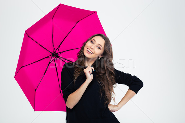 Foto d'archivio: Ritratto · donna · sorridente · ombrello · isolato · bianco