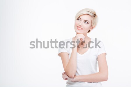 Boldog figyelmes nő felfelé néz portré izolált Stock fotó © deandrobot
