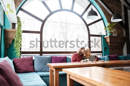 Loving couple sitting in cafe and talking while make selfie. Stock photo © deandrobot