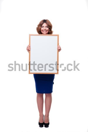 Stock fotó: Boldog · nő · tart · óriásplakát · teljes · alakos · portré