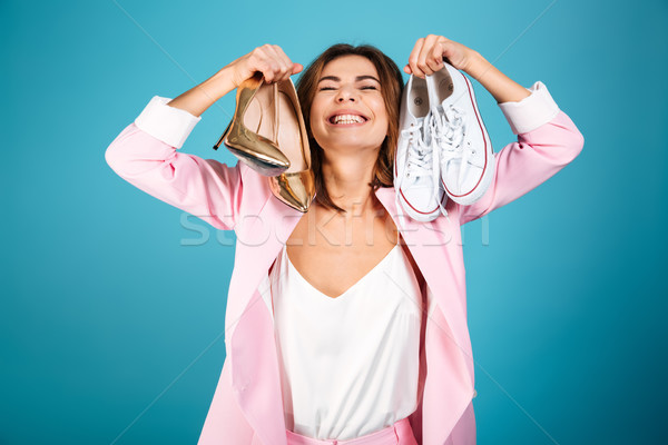 Foto stock: Retrato · encantado · mulher · rosa · terno