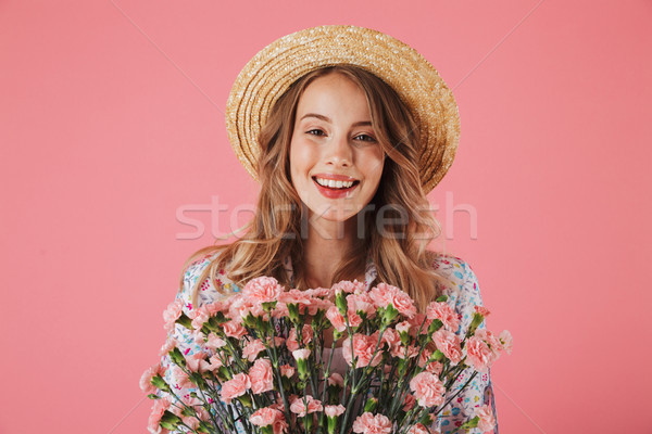 Retrato alegre verano vestido sombrero de paja Foto stock © deandrobot
