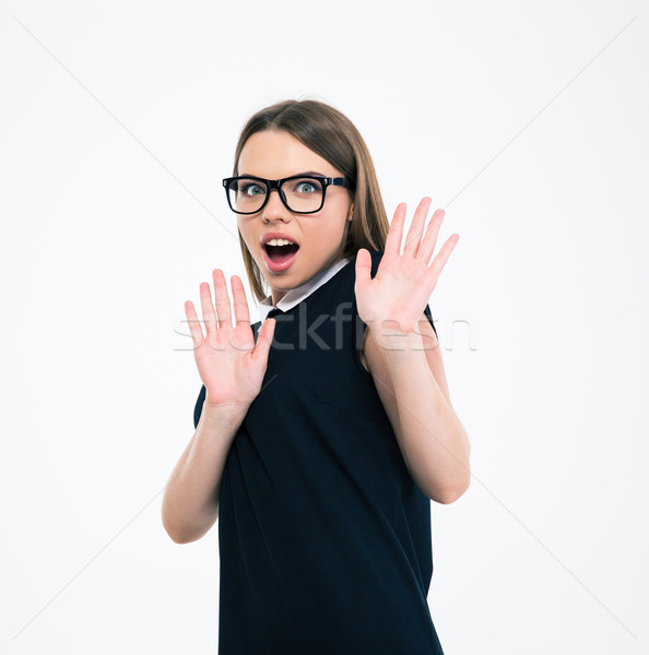 Foto stock: Conmocionado · mujer · parada · gesto · palma