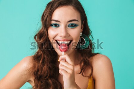 Retrato sonriendo mujer atractiva lápiz labial rojo Foto stock © deandrobot