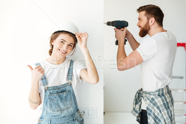 Hombre perforación mujer posando joven Foto stock © deandrobot