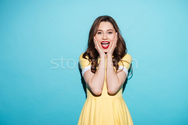 Happy excited woman in dress with open mouth Stock photo © deandrobot