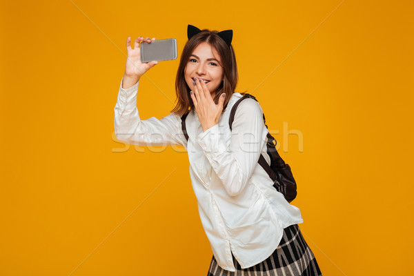 Stock foto: Ziemlich · scheuen · jugendlich · Schülerin · einheitliche · Rucksack