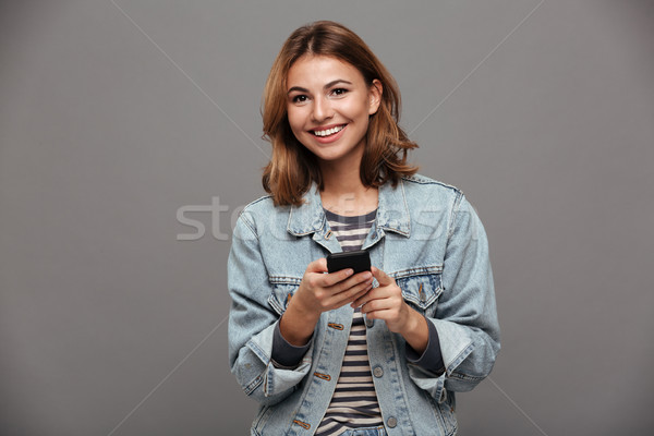 Stockfoto: Portret · jonge · glimlachend · tienermeisje · denim · jas