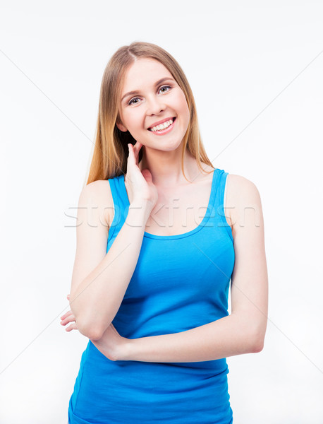 Femeie în picioare gri albastru tricou Imagine de stoc © deandrobot