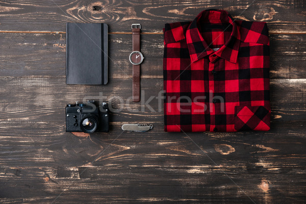 Utazás ruházat kellékek asztal űr férfiak Stock fotó © deandrobot