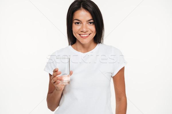 Foto stock: Retrato · sorridente · mulher · atraente · vidro · água